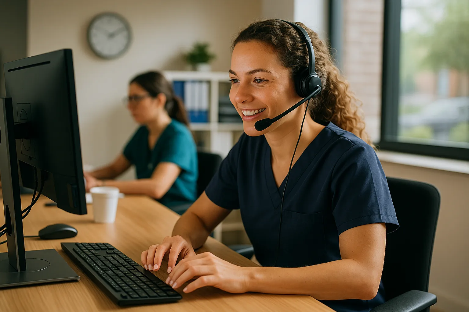 Jonge vrouwelijke triagist aan het werk in een huisartsenpost, geconcentreerd telefonerend achter een computerscherm in een realistische zorgomgeving.